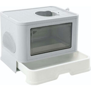 PaWz Foldable Cat Litter Box Tray Enclosed Kitty Toilet Hood Hair Grooming Grey