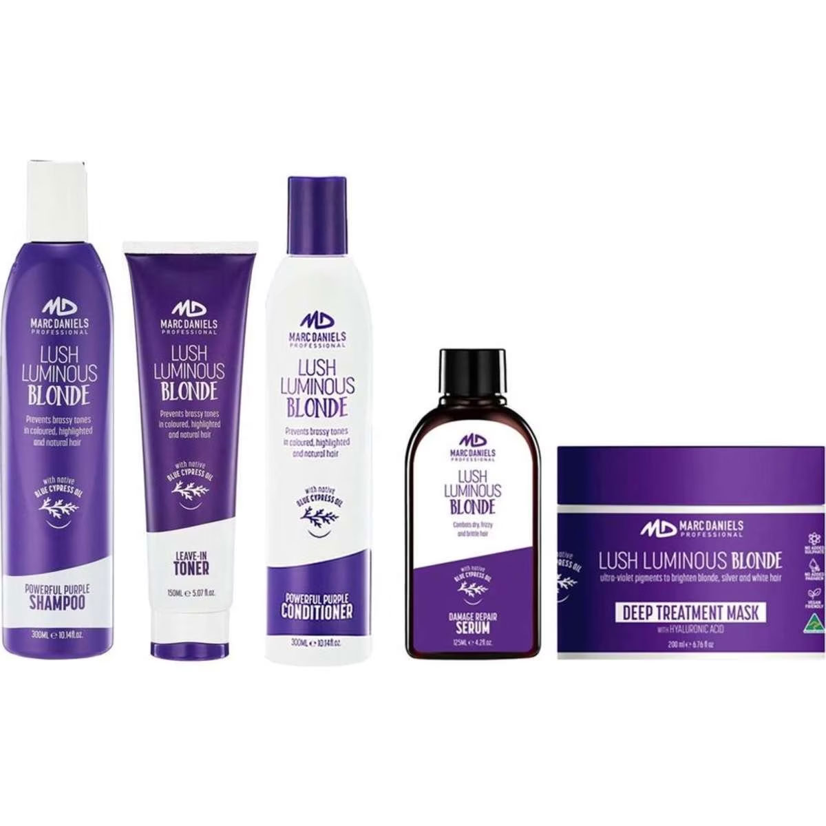 Marc Daniels Ultimate Powerful Purple Blonde Set. Shampoo, Conditoner, Toner, Serum & Mask