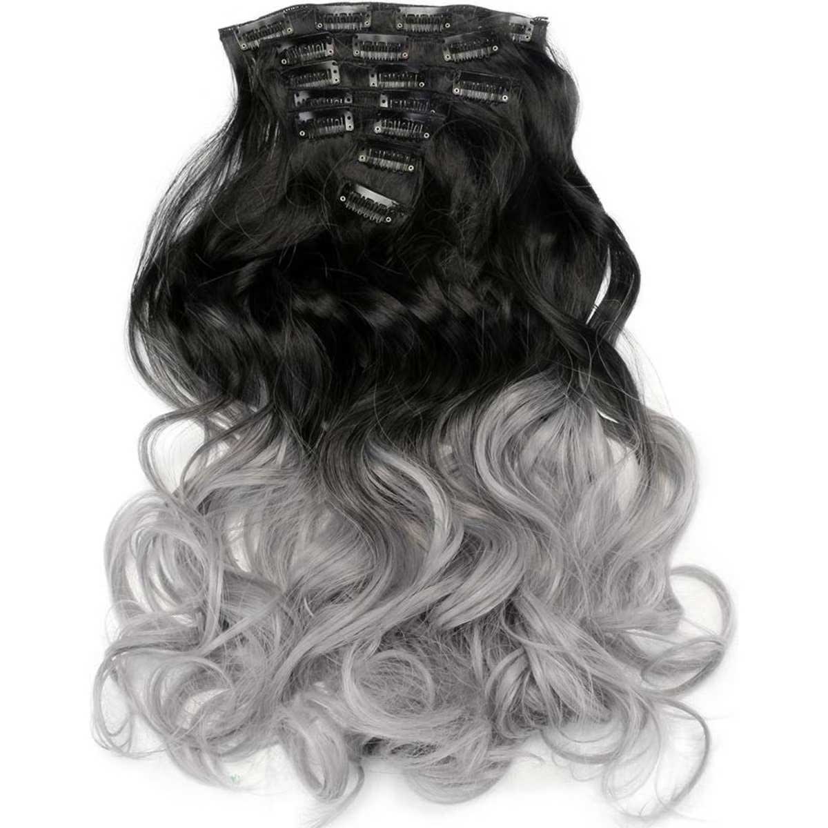 1074328746 TODO Two Tone Ombre Gray Curly Hair 7Piece 16Clips 24" Hair Extension 08
