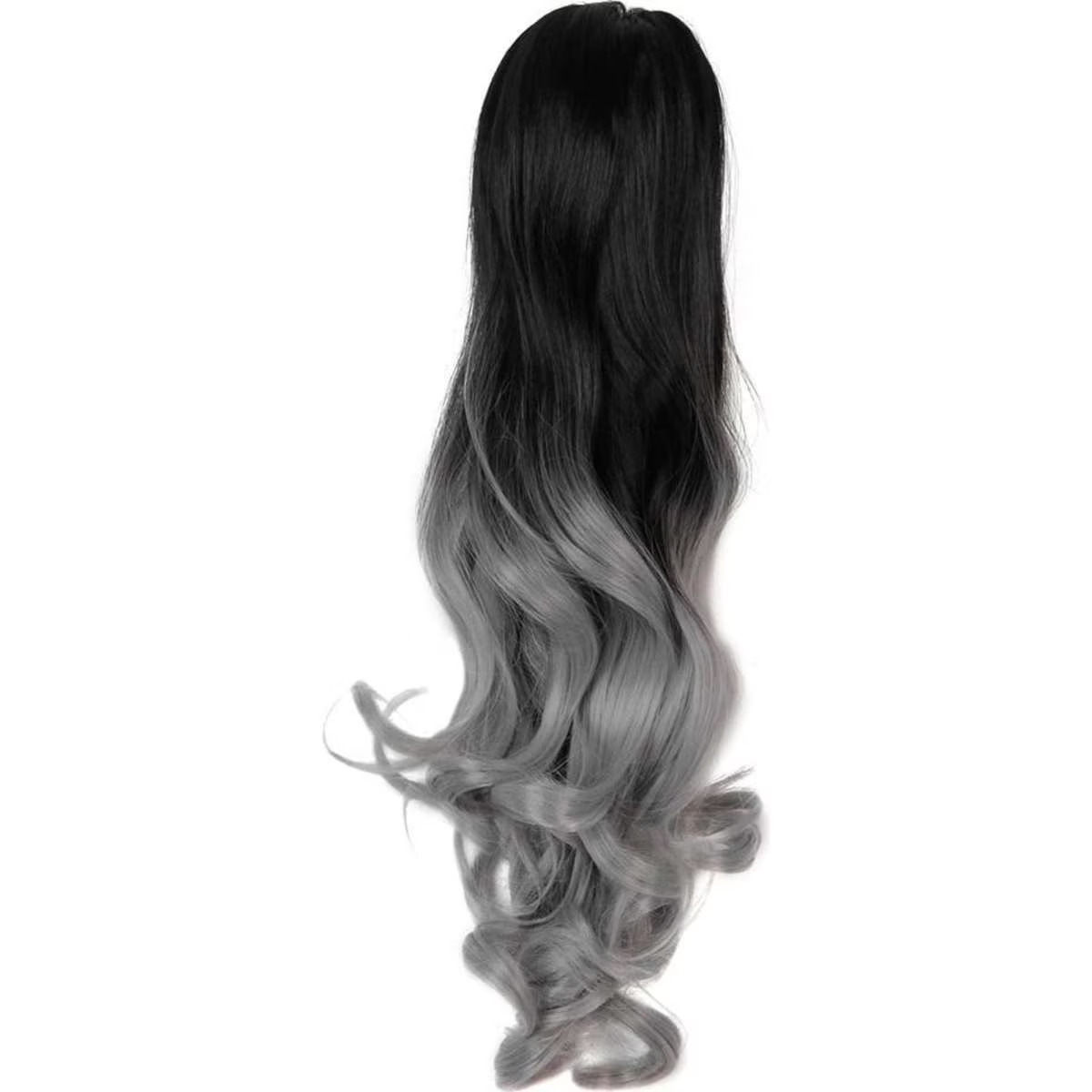 TODO Two Tone Ombre High Grade Silver Gray Curly Clip On Pony Tail 24" Hair Clamp 09