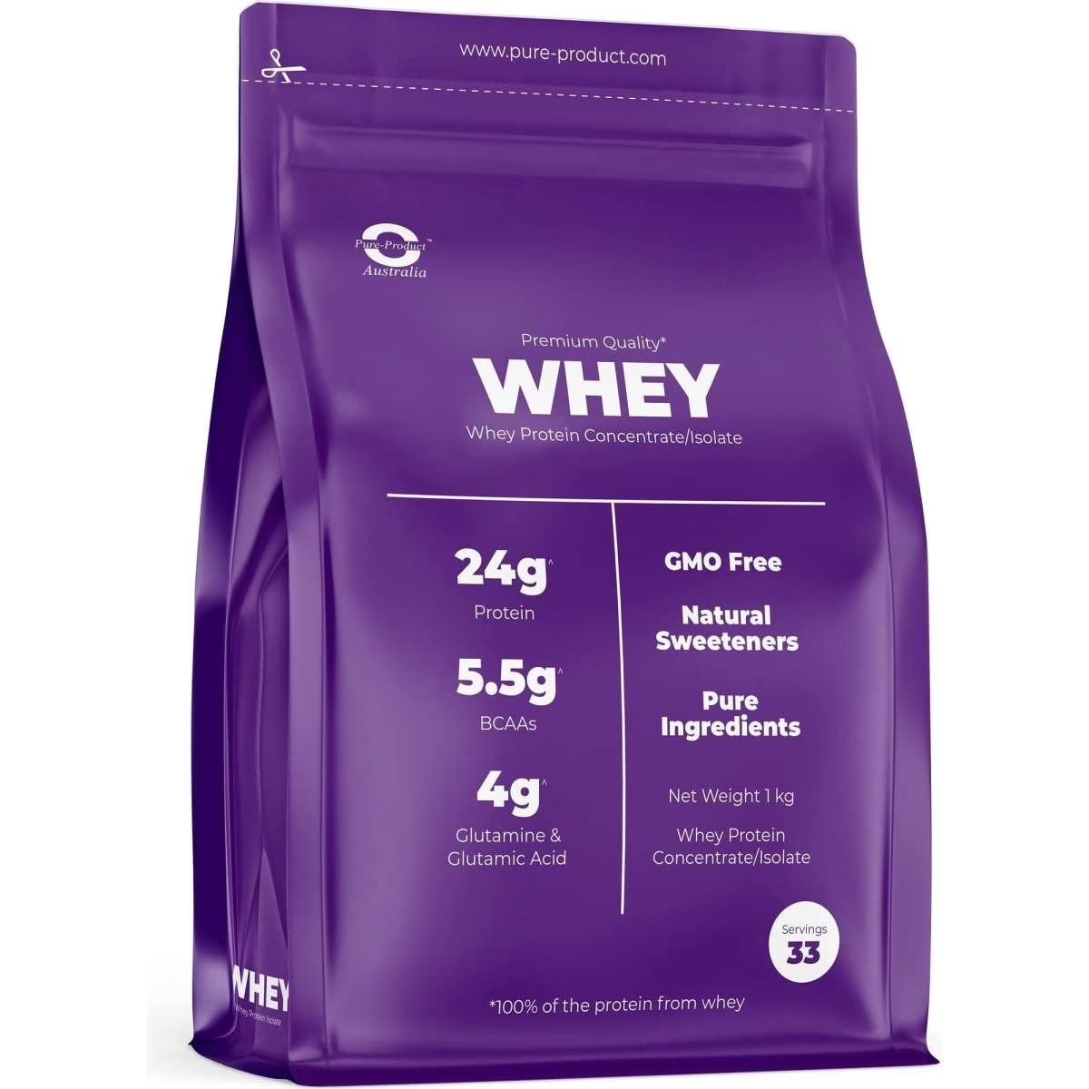 1074433509 Pure Product Australia Whey Protein Isolate/ Concentrate 1kg Chocolate No Shaker Glass