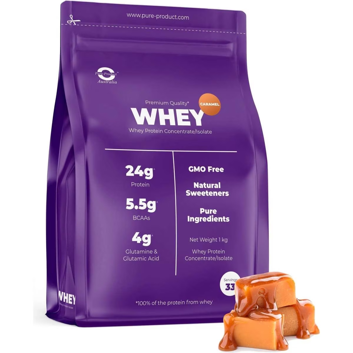 Pure Product Australia Whey Protein Isolate/ Concentrate 1kg Caramel No Shaker Glass