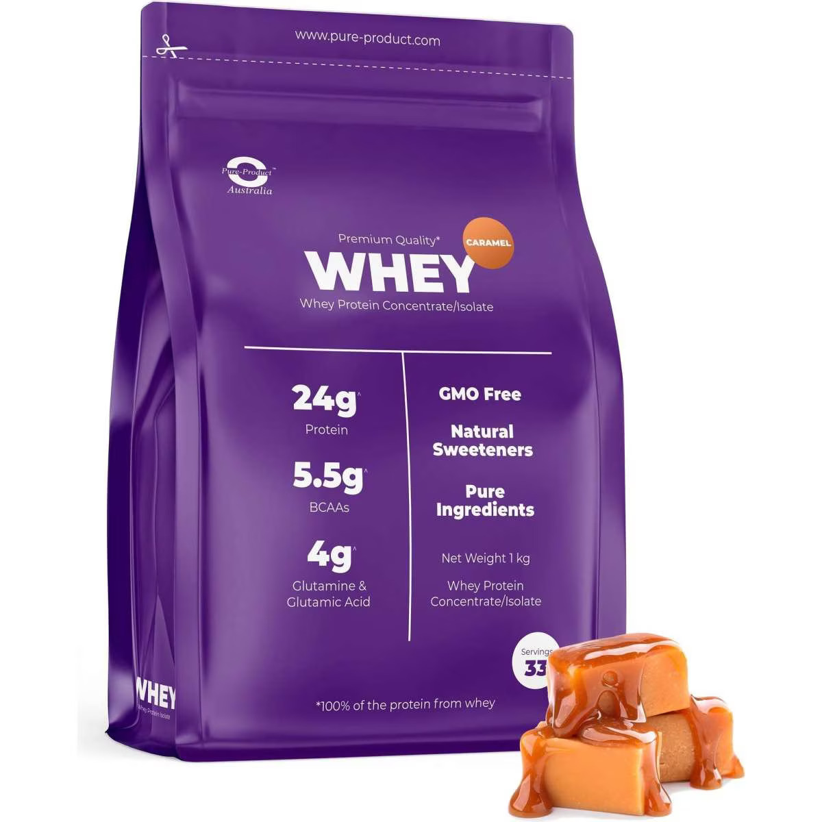 1074433574 Pure Product Australia Whey Protein Isolate/ Concentrate 2kg Caramel No Shaker Glass