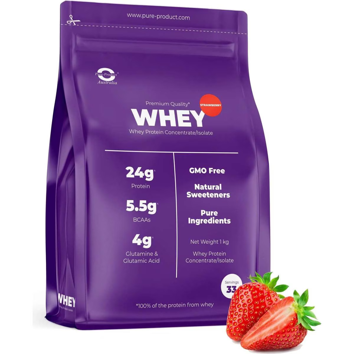 1074433606 Pure Product Australia Whey Protein Isolate/ Concentrate 4kg Strawberry No Shaker Glass