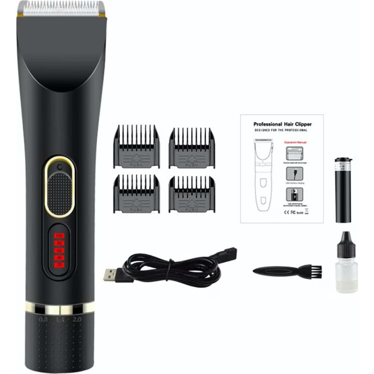 TODO Cordless Hair Clipper Beard Trimmer 3.7V 2000mAh Titanium Ceramic Blade USB Charge